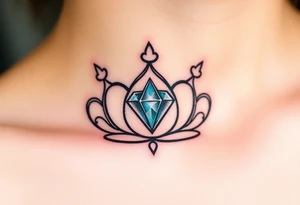 crown with a diamond-shaped gem in the center, rendered in simple black outlines with subtle metallic touches of silver and diamond-like glimmers tattoo idea