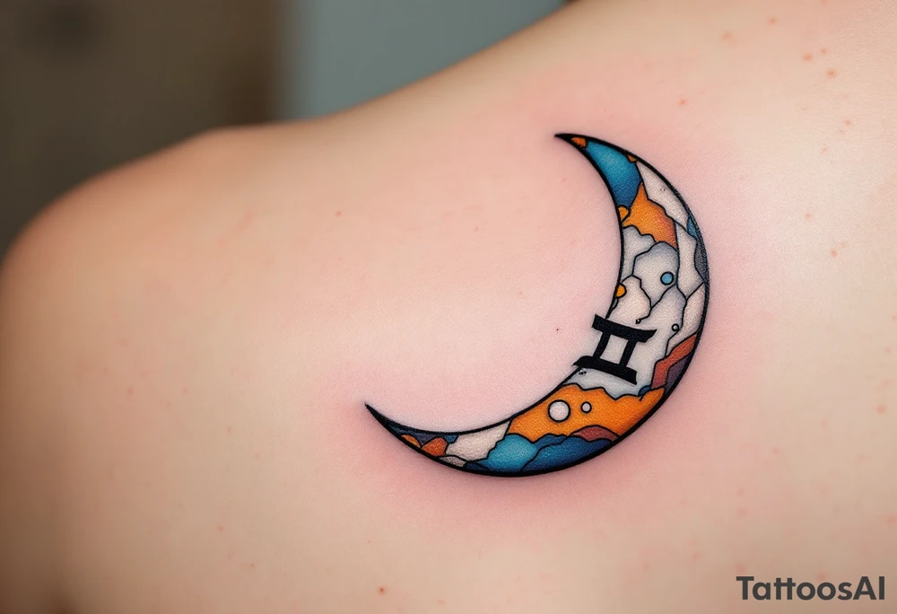 A crescent moon with a Gemini symbol in the center, accented with oranges, blues, and whites. tattoo idea