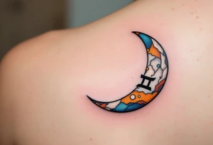 A crescent moon with a Gemini symbol in the center, accented with oranges, blues, and whites. tattoo idea