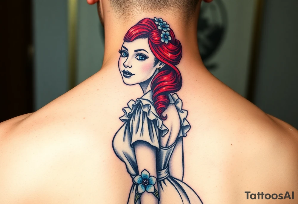 Old school Traditional pin up girl with red hair and blue eyes and wearing a milkmaid maid style dress with blue flowers on dress tattoo idea