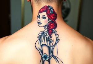 Old school Traditional pin up girl with red hair and blue eyes and wearing a milkmaid maid style dress with blue flowers on dress tattoo idea
