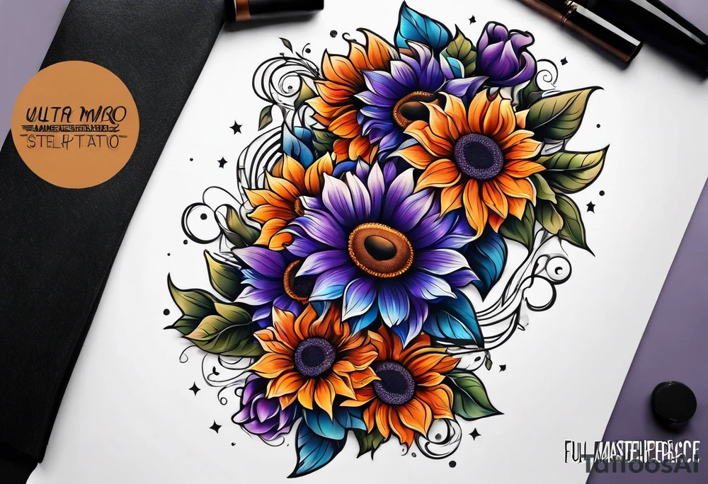 Full arm sleeve with purple, orange and blue sunflowers tattoo idea