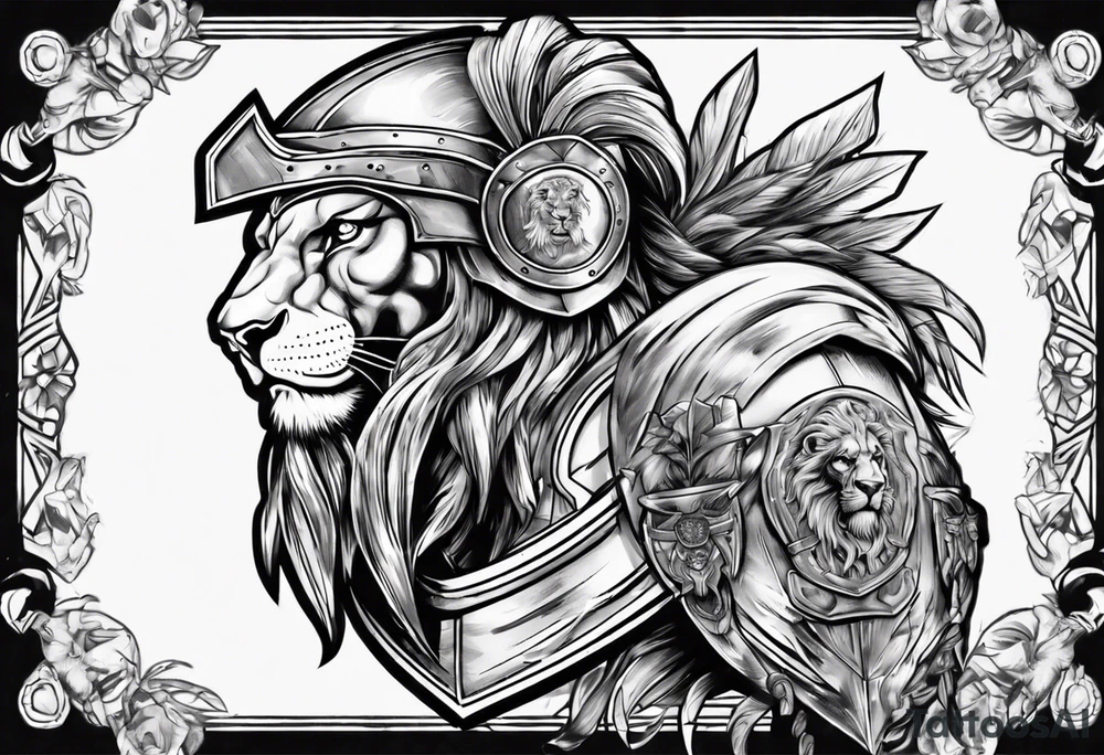 Spartan soldier with the head of a lion underneath him tattoo idea