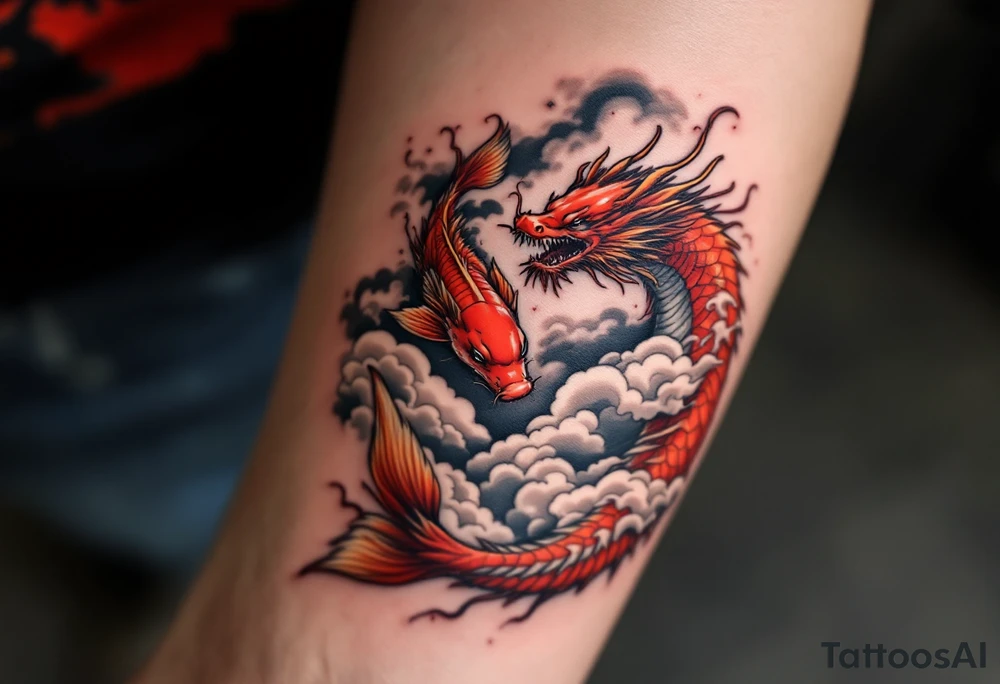 Red Koi and Dragon through swirling clouds, representing transformation and victory. tattoo idea