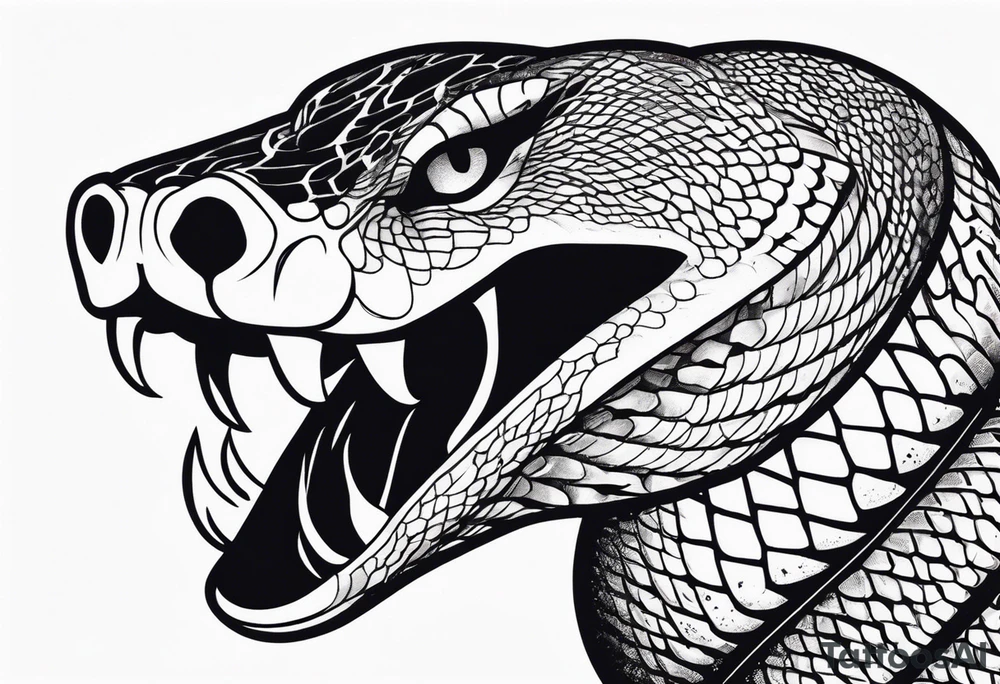 black and white drawing of a snake head with copper eyes an open mouth with mountain bike tire tread for body tattoo idea