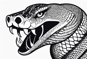 black and white drawing of a snake head with copper eyes an open mouth with mountain bike tire tread for body tattoo idea