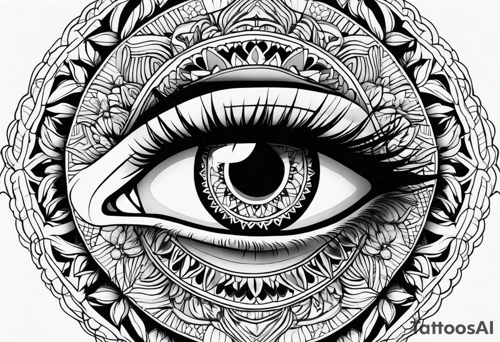 Mandala design with realistic woman’s eye in the center tattoo idea