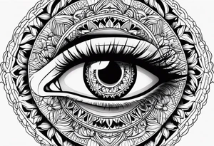 Mandala design with realistic woman’s eye in the center tattoo idea