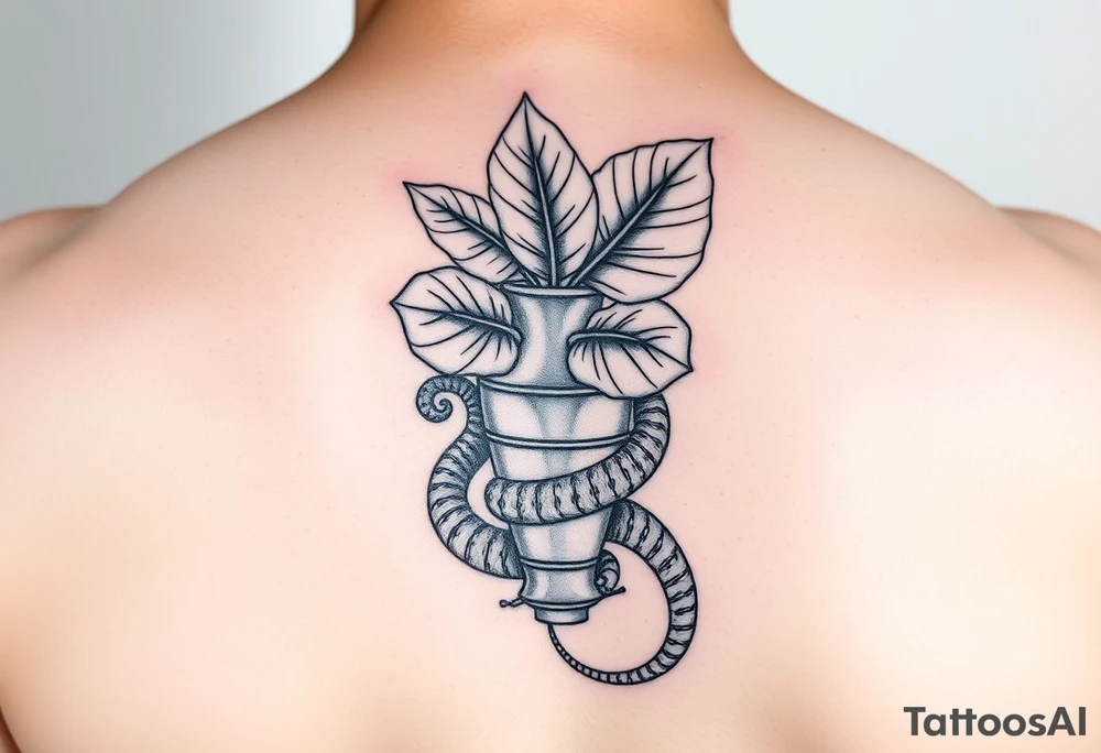 Decorative vase with monstera leaves and a snake wrapped around tattoo idea
