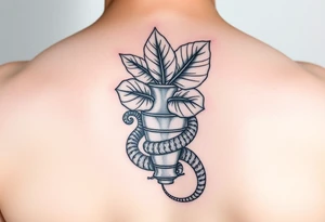 Decorative vase with monstera leaves and a snake wrapped around tattoo idea