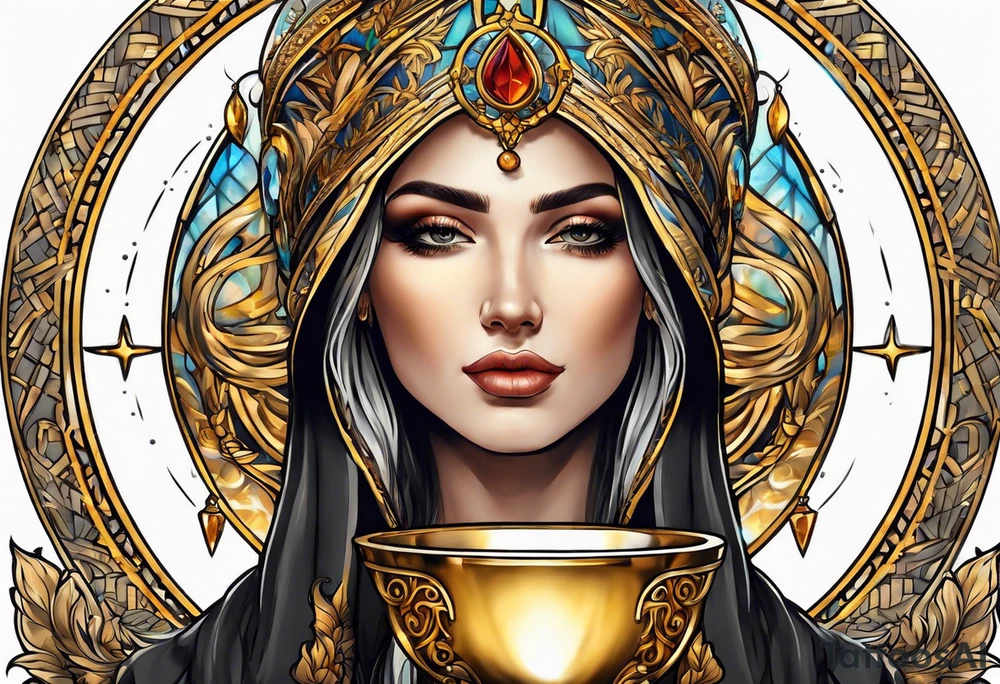 woman saint holding chalice surrounded by golden halo portrait tattoo idea