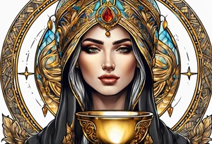 woman saint holding chalice surrounded by golden halo portrait tattoo idea