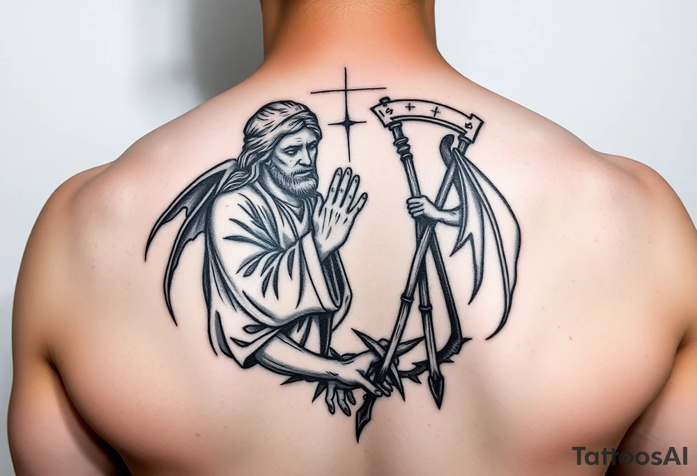 Jesus praying over the devil and reaper tattoo idea