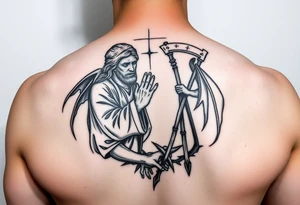 Jesus praying over the devil and reaper tattoo idea