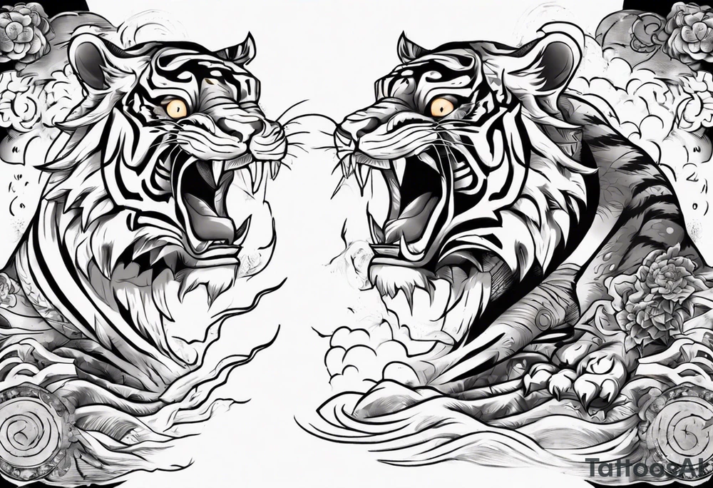 Ancient tiger with lightning and a sun for a forearm sleeve. With patterns surrounding it tattoo idea