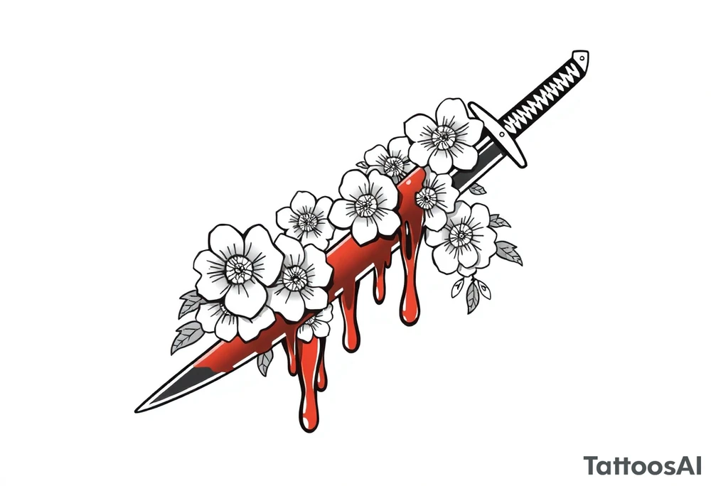 Katana with flowers and blood on the blade tattoo idea