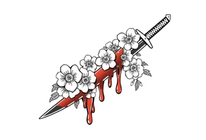 Katana with flowers and blood on the blade tattoo idea