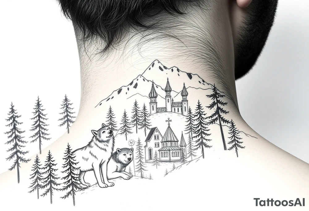 Nature/Landscape

Wolves in a pine forest (extending the tree line you already have)
A Russian bear emerging from the treeline
Snow-capped mountains behind the church scene tattoo idea
