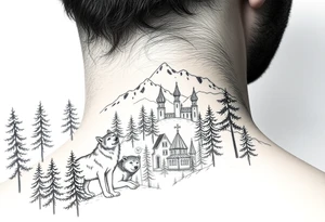 Nature/Landscape

Wolves in a pine forest (extending the tree line you already have)
A Russian bear emerging from the treeline
Snow-capped mountains behind the church scene tattoo idea