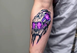 A cleanly layered mechanical arm in polished titanium with holographic light accents in magenta. tattoo idea