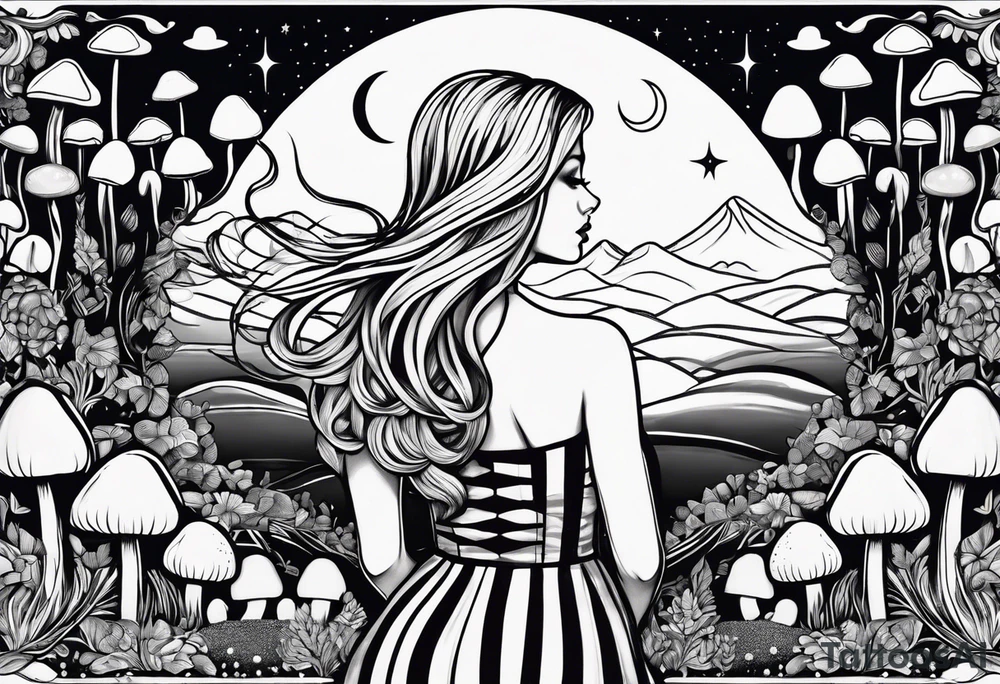 Straight blonde hair girl facing away toward mountains surrounded by mushrooms crescent moon circular design black and white striped dress tattoo idea
