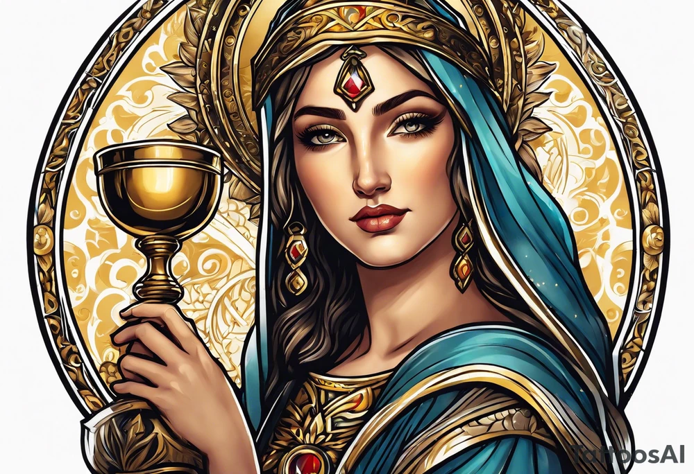 woman saint holding chalice surrounded by golden halo portrait tattoo idea