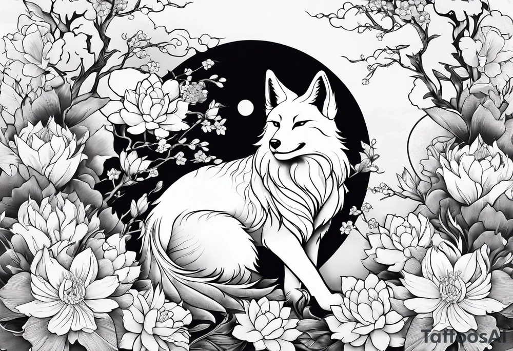 kitsune whit flowers tattoo idea