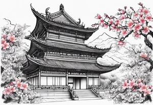 Cherry blossom, china building and lotus flower and dragon tattoo idea