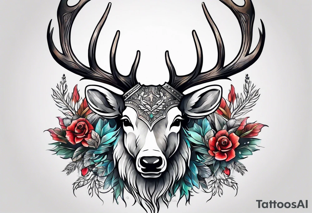 back tattoo of a front view reindeer with half the face as a skull tattoo idea