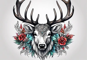 back tattoo of a front view reindeer with half the face as a skull tattoo idea