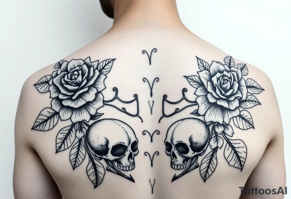 Feminie floral couple love tattoo with skulls tattoo idea