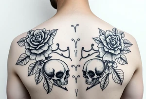 Feminie floral couple love tattoo with skulls tattoo idea