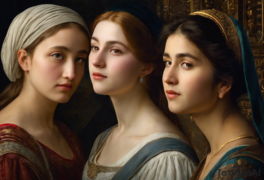 Three women's faces next to each other. The woman on the left is still a girl about 13 years old, the woman in the middle is about 40 years old and the one on the right is about 75 years old. The woman in the middle is looking at the bearer. The other two are looking at the woman in the middle. tattoo idea