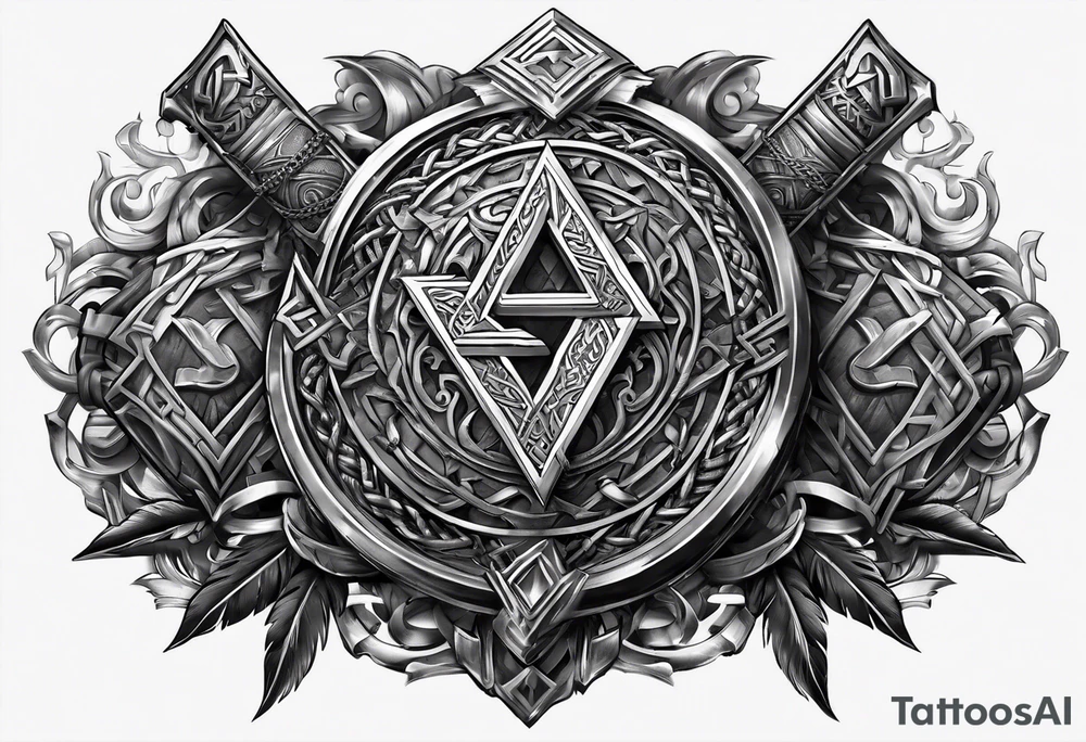 Valhalla sword shield axe Valknut chains tattoo idea
