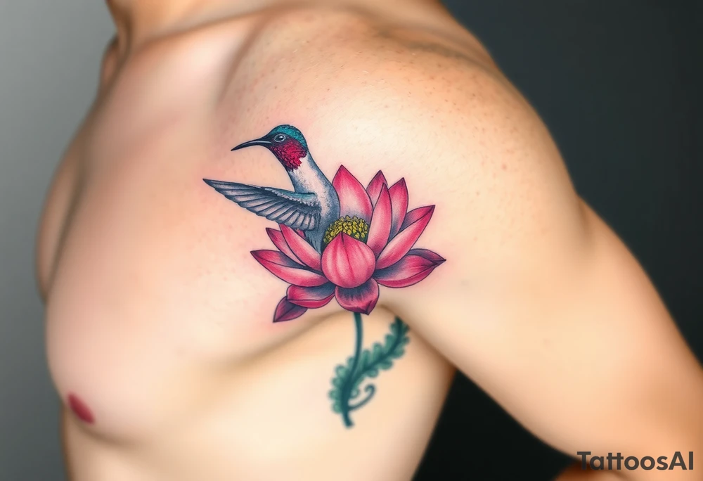 A Hummingbird Drinking from a Lotus Flower (only red , blue and black are possible colors) tattoo idea