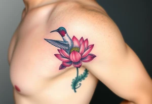 A Hummingbird Drinking from a Lotus Flower (only red , blue and black are possible colors) tattoo idea