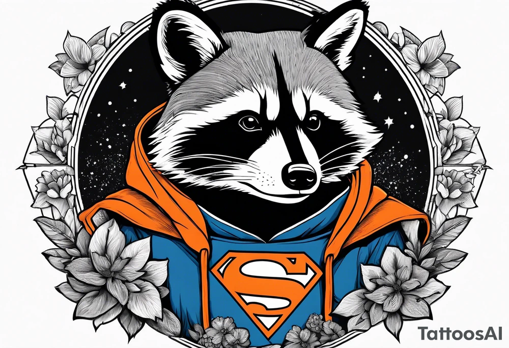 Raccoon wearing an orange Superman hoodie tattoo idea