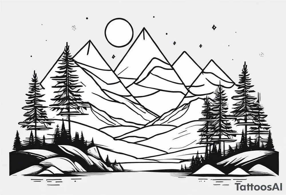 Black line tattoo with three different sizes triangles forming a mountain range with three trees tattoo idea