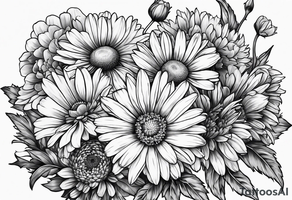 full bouquet of daisy, aster, and carnations tattoo idea