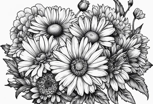 full bouquet of daisy, aster, and carnations tattoo idea