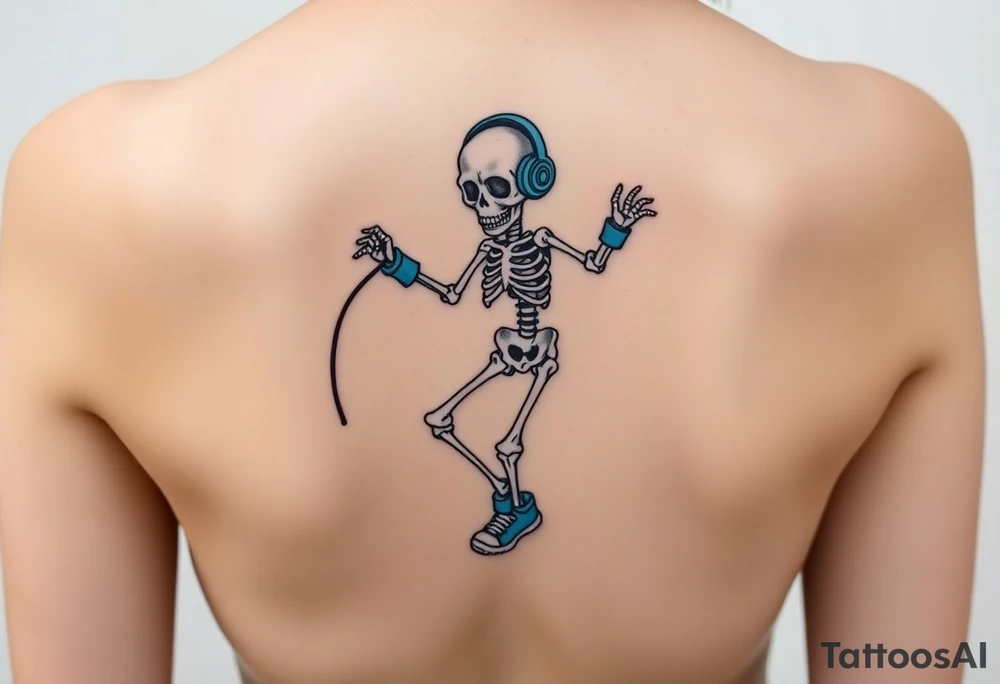 Cute skeleton jumping on a jump rope with blue headphone and blue tennis shoes and blue armbands tattoo idea