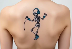 Cute skeleton jumping on a jump rope with blue headphone and blue tennis shoes and blue armbands tattoo idea