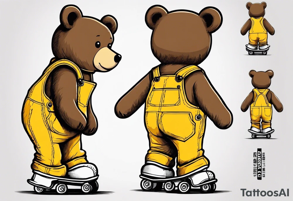 the back of one standing, skinny, brown ,
teddy bear in long, yellow overalls and white roller skates on his feet tattoo idea