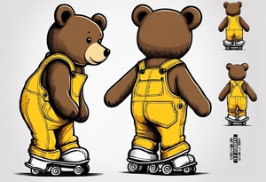the back of one standing, skinny, brown ,
teddy bear in long, yellow overalls and white roller skates on his feet tattoo idea