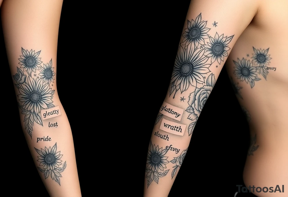powerful sexy seven deadly sins with words greed, pride, gluttony, wrath, lust, sloth and envy, surrounded by sunflowers and roses tattoo idea
