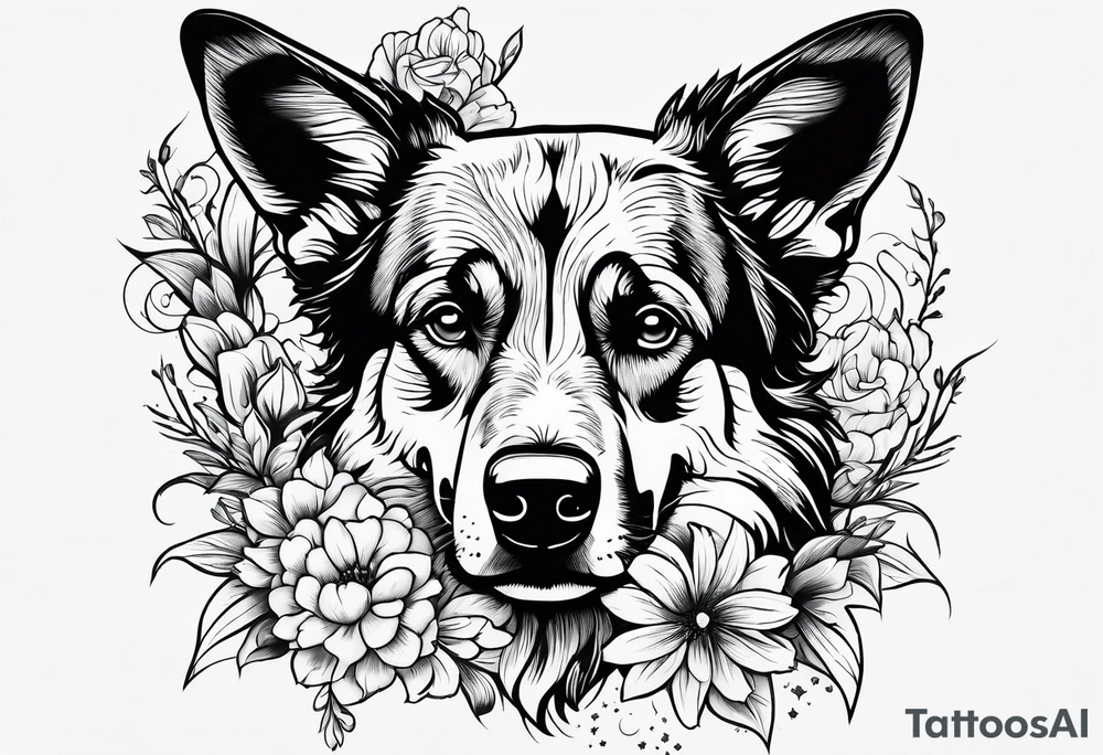 Clouds flowers and and an German Shepard/australian cattle mix dog tattoo idea