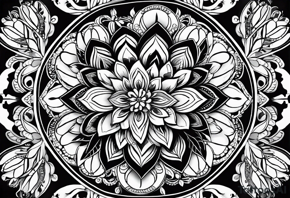 Mirrored style. Mexican flower mandala design minimalist fine line whimsical tattoo idea
