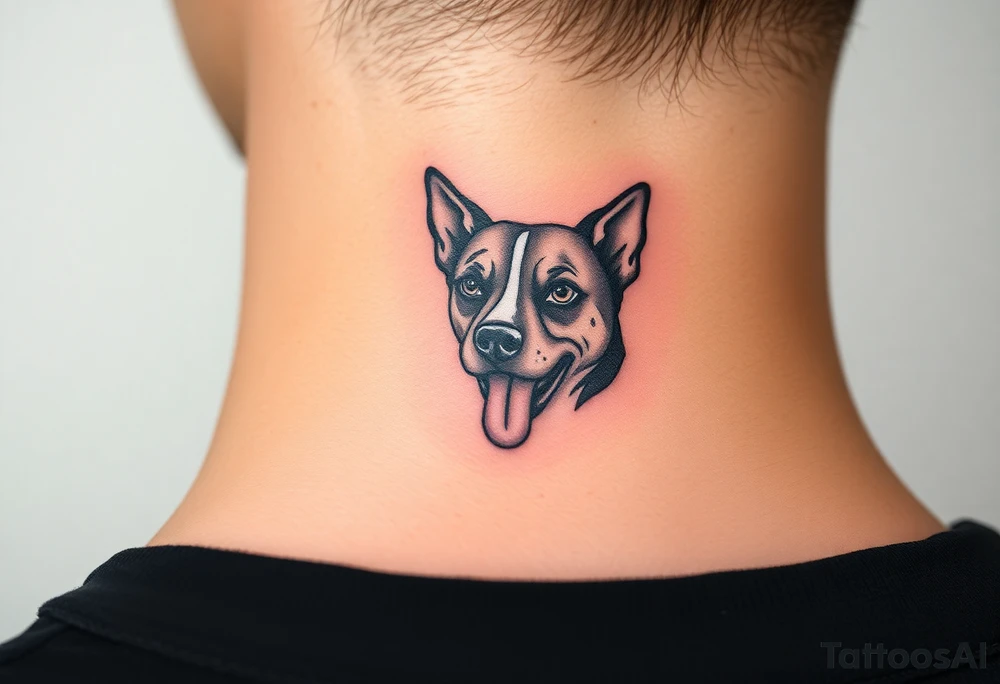 One line tattoo of dog with white strip going up dog’s snout slightly off centered. With young slightly out tattoo idea