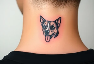 One line tattoo of dog with white strip going up dog’s snout slightly off centered. With young slightly out tattoo idea