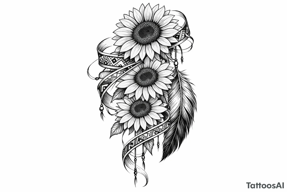 3 cascading Sunflowers with an Indian feather all wrapped in Indian ribbon tattoo idea